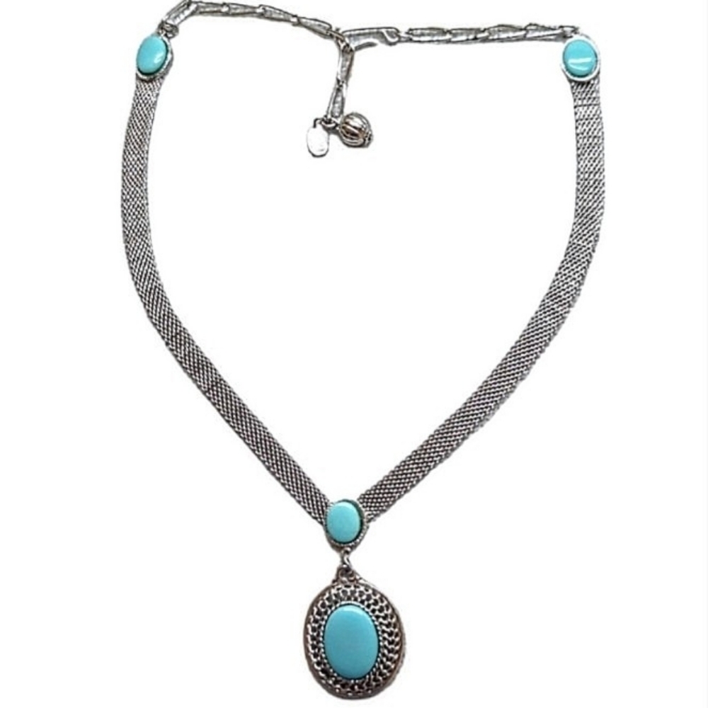 Vintage Park Lane Silver Tone Mesh Choker Necklace & Turquoise Pendant - Picture 2 of 8